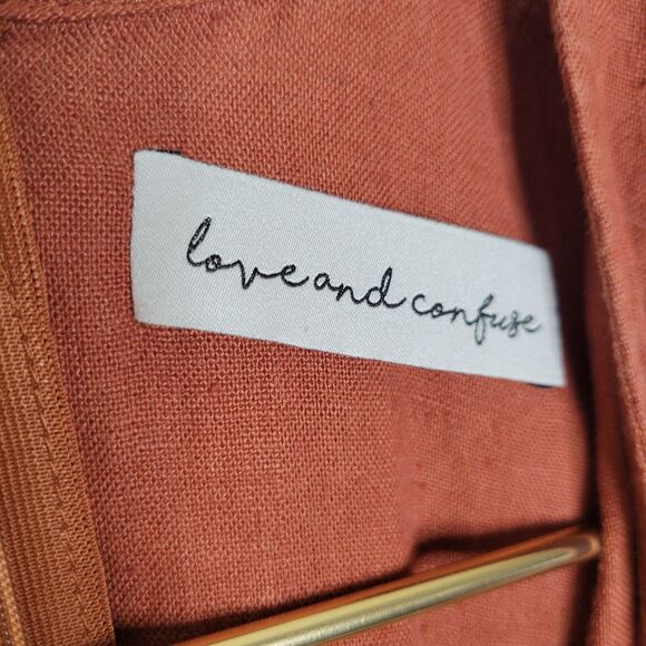 LOVE & CONFUSE Rust Brown Linen Jumpsuit Size S Surplice Back Zip Cropped Boho - Picture 7 of 9